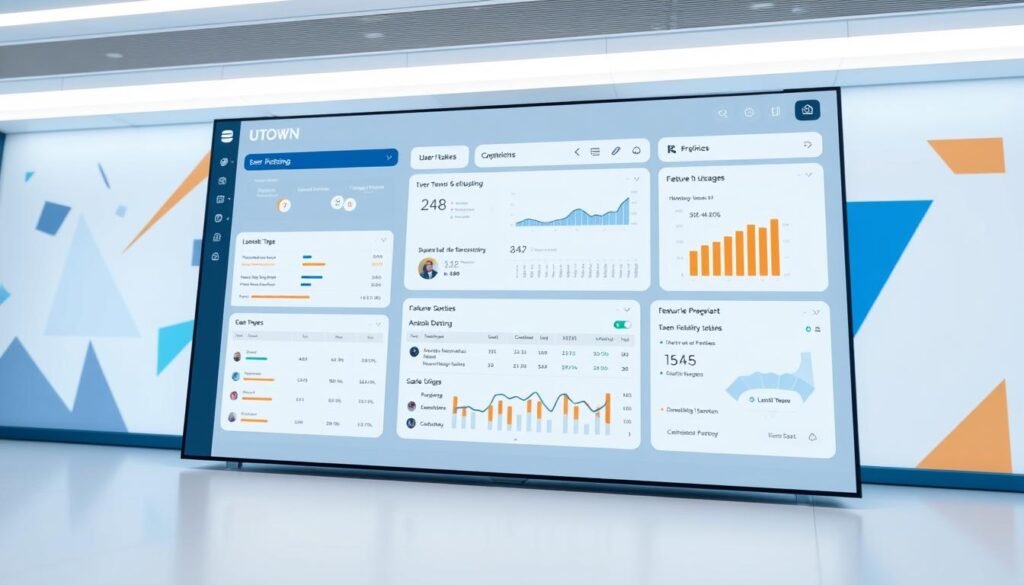 A modern, sleek user feedback system interface for UTown, showcasing a dynamic dashboard with intuitive data visualizations. In the foreground, a clean grid layout displays user satisfaction ratings, feature usage metrics, and customer sentiment analysis. The middle ground features simplified navigation menus and customizable widgets, while the background incorporates UTown's signature color scheme and subtle geometric patterns. The lighting is soft and even, creating a professional, user-friendly ambiance. Captured with a wide-angle lens to emphasize the system's comprehensive scope and attention to detail.