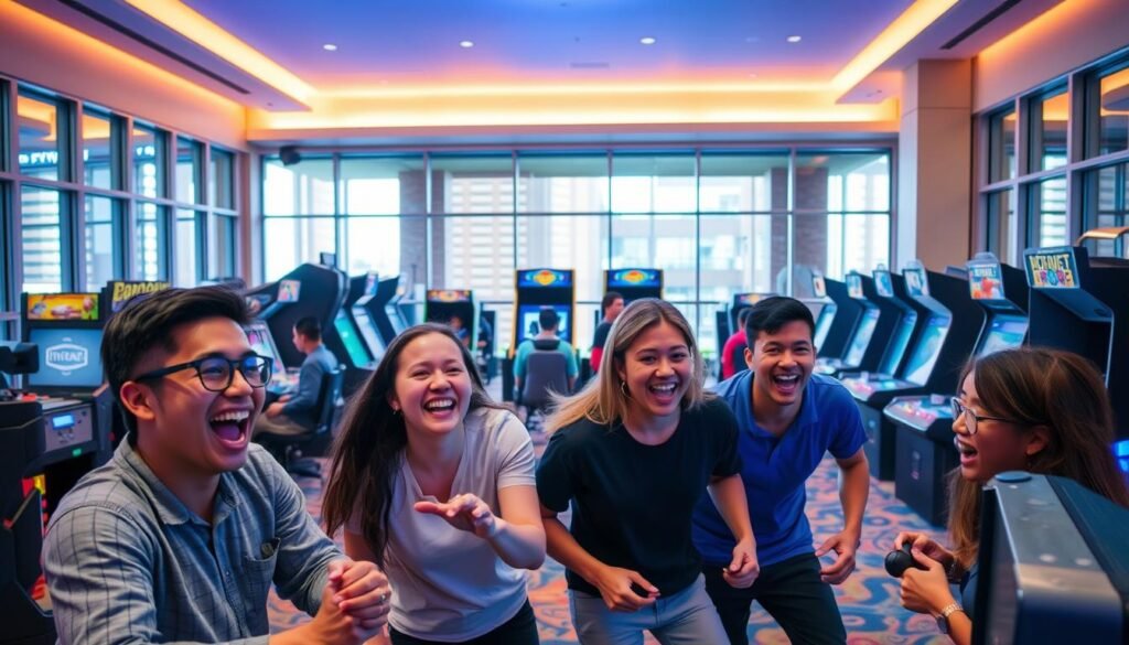 A vibrant, dynamic scene showcasing the diverse gaming experiences offered by UTown. In the foreground, a group of friends eagerly engage in a lively multiplayer game, their expressions filled with excitement. The middle ground features a variety of game stations, each offering a unique interactive experience, from virtual reality setups to classic arcade cabinets. In the background, a sleek, modern interior with floor-to-ceiling windows provides an inviting atmosphere, bathed in warm, diffused lighting. The overall mood is one of joy, camaraderie, and a sense of exploration, capturing the essence of UTown's commitment to delivering a multifaceted gaming adventure.