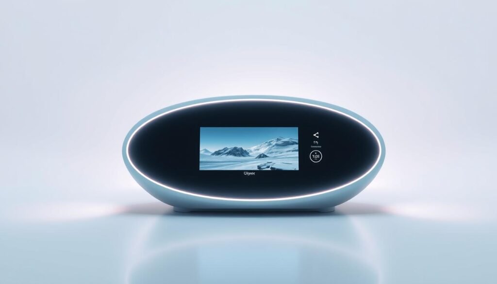 Glowin Beaute OligioX, a sleek and futuristic smart freezing technology device. Set against a minimalist, white background, the device's elegant curves and intuitive touch interface take center stage. Soft, diffused lighting from the sides subtly highlights its precision craftsmanship and attention to detail. The device's display showcases a serene, frozen landscape, hinting at its advanced cryogenic capabilities. The overall atmosphere is one of modern, clinical sophistication - a technological marvel designed to provide a comfortable, personalized cryotherapy experience.