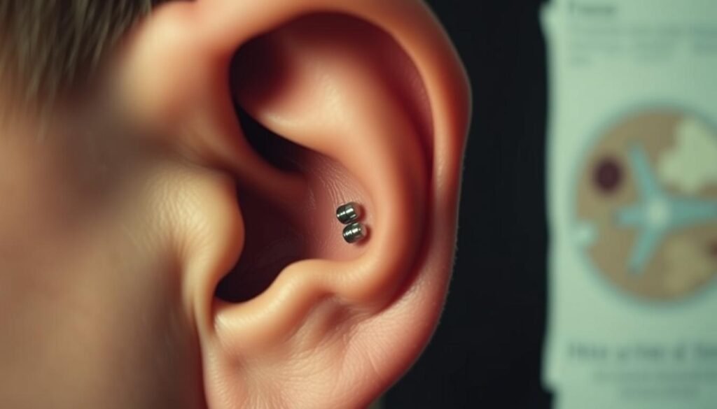 A close-up shot of a person's ear, with the inner ear and semicircular canals clearly visible. The image shows the otoconia, or ear stones, displaced from their normal position in the labyrinth of the inner ear. The background is a softly blurred medical illustration or cross-section diagram, providing anatomical context. The lighting is subtle, with a warm, clinical tone, emphasizing the delicate details of the ear structure. The camera angle is slightly angled, giving a sense of depth and three-dimensionality to the composition. The overall mood is one of medical precision and visual education, inviting the viewer to understand the Epley maneuver technique for treating this condition.