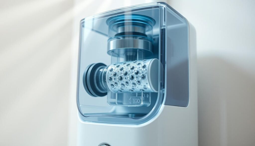 A close-up view of a sleek, modern-looking water filtration system for sensitive skin. The device features a transparent housing showcasing the intricate multi-stage filtration process, including activated carbon, ion-exchange resin, and advanced membrane technologies. Beams of soft, diffused light illuminate the system, highlighting the precision engineering and attention to detail. The overall aesthetic is clean, minimalist, and evokes a sense of purity and technological sophistication, perfectly suited for a high-end bathroom setting.
