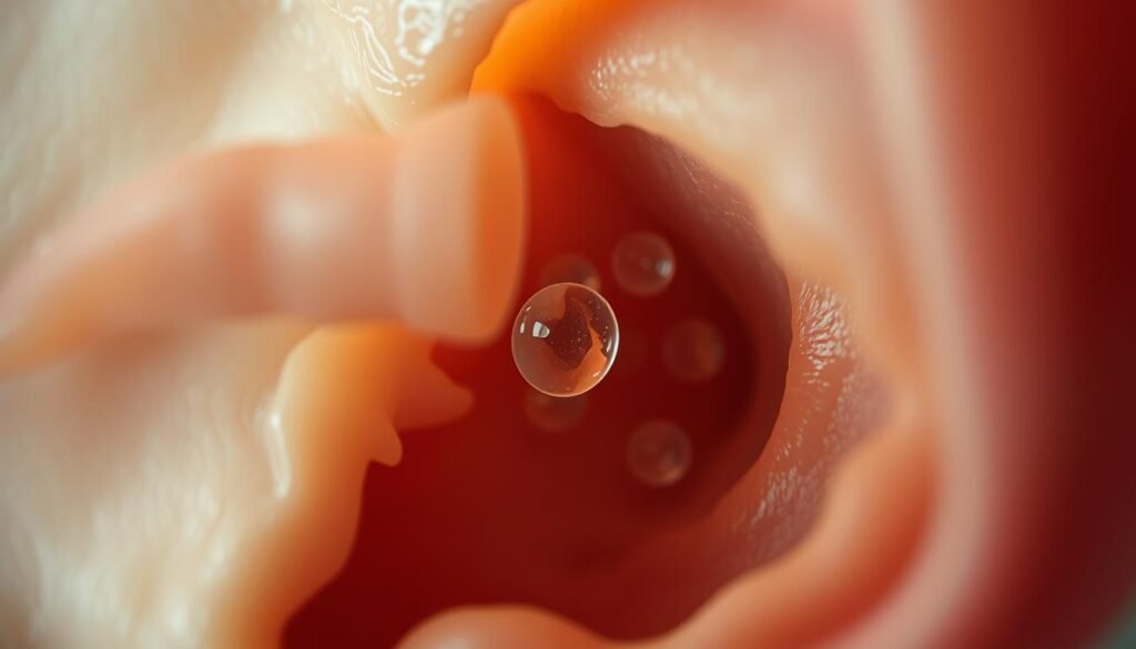 A close-up view of an inner ear, showcasing the intricate labyrinth of the vestibular system. The focus is on the otoliths, delicate calcium carbonate crystals that have been dislodged from their usual position, causing the sensation of vertigo and imbalance. The image depicts the process of repositioning these otoliths, or &quot;otolith repositioning,&quot; a technique used to treat benign paroxysmal positional vertigo (BPPV). The lighting is soft and natural, highlighting the subtle details and textures of the ear's anatomy. The composition emphasizes the three-dimensional nature of the inner ear, with a sense of depth and scale to convey the complexity of this delicate biological structure.