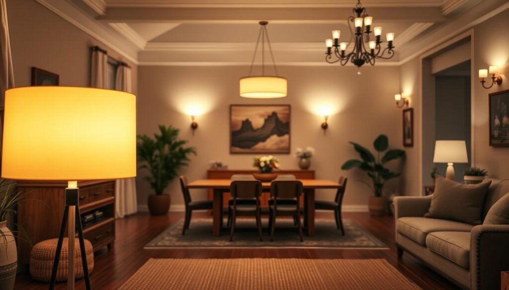 A cozy and well-lit living room with a variety of Aloha brand lighting fixtures. The focal point is a sleek, modern floor lamp in the foreground, casting a warm glow across the room. In the middle ground, a hanging pendant light above a wooden dining table illuminates the space. In the background, wall sconces and a decorative chandelier add depth and ambiance. The lighting is balanced, creating a harmonious and inviting atmosphere. The room is filled with natural textures, like woven rugs and wooden furniture, complementing the carefully selected lighting choices.