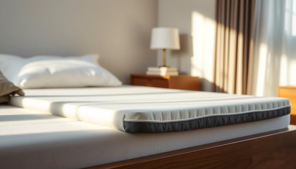 A crisp, well-lit image showcasing a StylesMaven memory foam mattress topper. The topper is showcased on a hardwood bed frame, with soft, natural lighting illuminating its contoured surface. The topper's plush, breathable material is visible, inviting the viewer to imagine its comfort and support. In the background, a serene, neutral-toned bedroom setting provides context, emphasizing the topper's role in creating a restful, restorative sleep environment. The overall composition highlights the topper's key features and benefits, conveying its potential to alleviate common mattress issues and provide a superior sleeping experience.