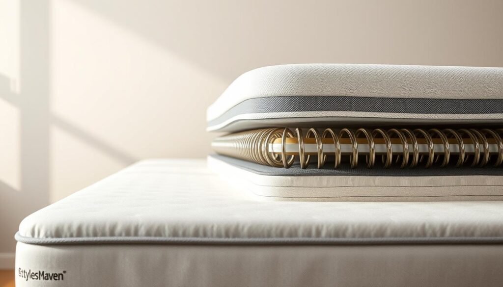 A high-quality, close-up photograph of a StylesMaven spring mattress with an independent coil system. The mattress is presented against a plain, neutral-colored background, allowing the details of the construction to be the focus. The lighting is soft and diffused, creating a calming, natural atmosphere. The image showcases the layered structure of the mattress, highlighting the individual springs enclosed in their own fabric pockets, as well as the plush, cushioned top layer. The overall composition emphasizes the key features and benefits of an independent spring mattress design.
