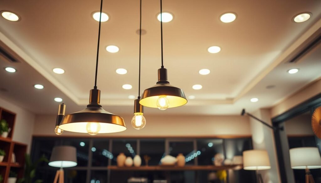 A high-quality indoor lighting arrangement showcasing various Aloha lighting fixtures. The foreground features a selection of sleek, modern pendant lamps with warm-toned LED bulbs, strategically positioned to illuminate a dining table or living space. The middle ground includes a floor lamp and a table lamp with adjustable brightness, providing a range of lighting options. In the background, recessed ceiling lights bathe the room in a soft, diffused glow, creating a cozy and inviting atmosphere. The overall scene emphasizes the importance of carefully selecting complementary lighting sources to achieve the desired ambiance and functionality in a home interior.