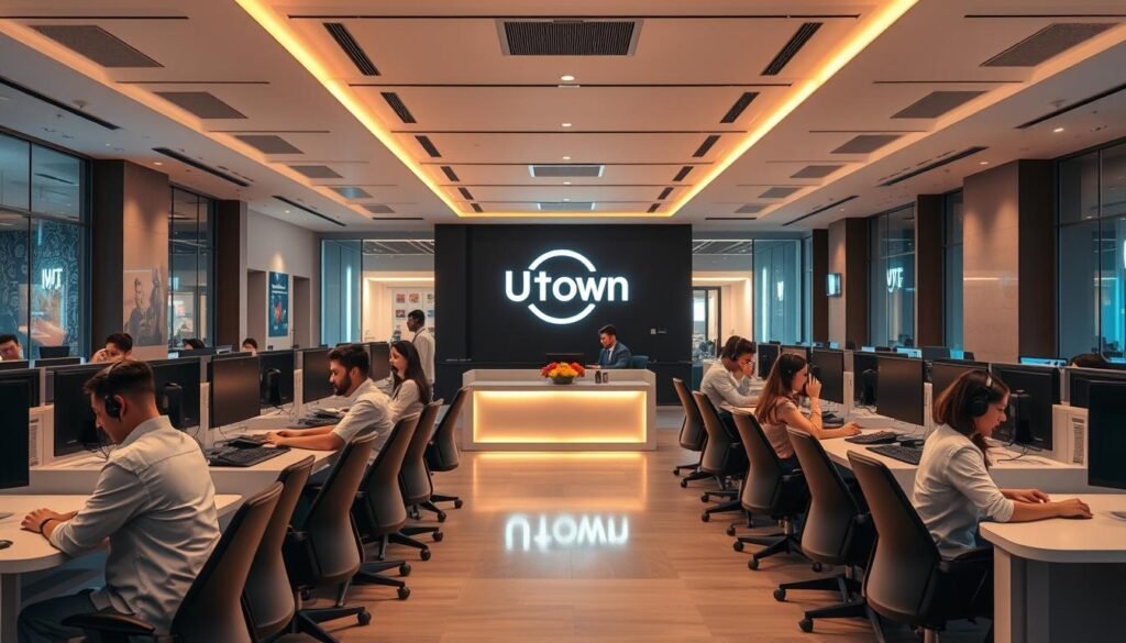 A modern, well-equipped customer service center for the UTown entertainment complex. The foreground features a team of friendly, attentive customer service representatives seated at desks, headsets on, ready to assist patrons with inquiries and support. The middle ground shows a sleek, minimalist reception area with a large UTown logo prominently displayed. The background reveals a spacious, brightly lit open-plan office, with rows of workstations and a team of operators diligently manning the phones. Warm, inviting lighting and a calm, professional atmosphere convey the 24/7 availability and high-quality service provided by the UTown customer support team.
