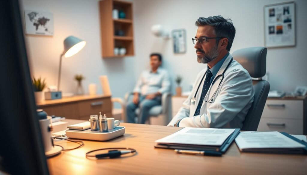 A serene medical office setting with a doctor's desk in the foreground, displaying an array of medical instruments and documents. In the middle ground, a patient sits in an examination chair, their expression one of thoughtful contemplation as the doctor explains the latest advancements in tinnitus treatment. The background features a soothing, minimalist decor with soft lighting, suggesting a tranquil, professional atmosphere conducive to medical care. The overall scene conveys a sense of trust, expertise, and the promise of effective tinnitus solutions.