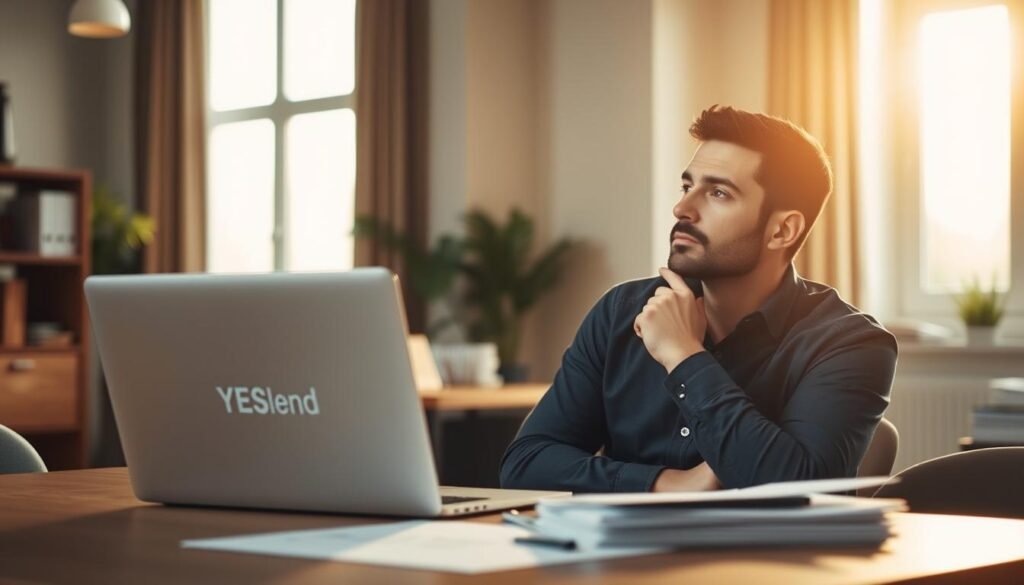 A serene office setting with a laptop, a stack of documents, and a YESLend logo prominently displayed. Warm, natural lighting filters through large windows, casting a soft glow on the scene. In the foreground, a thoughtful person contemplates their financing options, their expression conveying the importance of this decision. The background blurs softly, emphasizing the focus on the selection of the right lending platform for their needs.