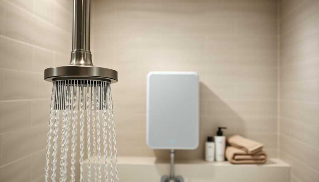 A sleek and minimalist bathroom setting showcasing a sophisticated water purification system. In the foreground, a streamlined, cylindrical shower head in a matte metallic finish, elegantly suspended from the ceiling. The middle ground features the central component - a compact, rectangular water softener unit, its smooth surface gleaming with a satin sheen. Surrounding it, high-end bath amenities and towels in muted tones exude a sense of refined luxury. The background subtly frames the scene, depicting a tiled wall in a light, neutral palette that enhances the calming, spa-like ambiance. Soft, diffused lighting bathes the space, creating a tranquil and rejuvenating atmosphere suitable for sensitive skin.