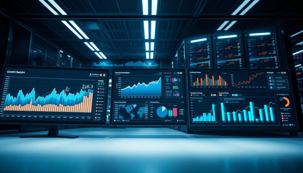 A sleek and modern data visualization dashboard showcasing insightful statistics and analytics for the Glowin Beaute entertainment platform. The foreground features a clean, minimalist interface with interactive graphs, charts, and data visualizations displayed on high-resolution displays. The middle ground captures the dynamic flow of information, with data streams and visual cues highlighting key performance indicators. In the background, a sophisticated server infrastructure hums with activity, processing vast amounts of user data to power the real-time statistical capabilities. The lighting is cool and professional, with a subtle glow emanating from the digital displays. The overall mood is one of technological sophistication, data-driven decision making, and a commitment to empowering players with valuable insights.