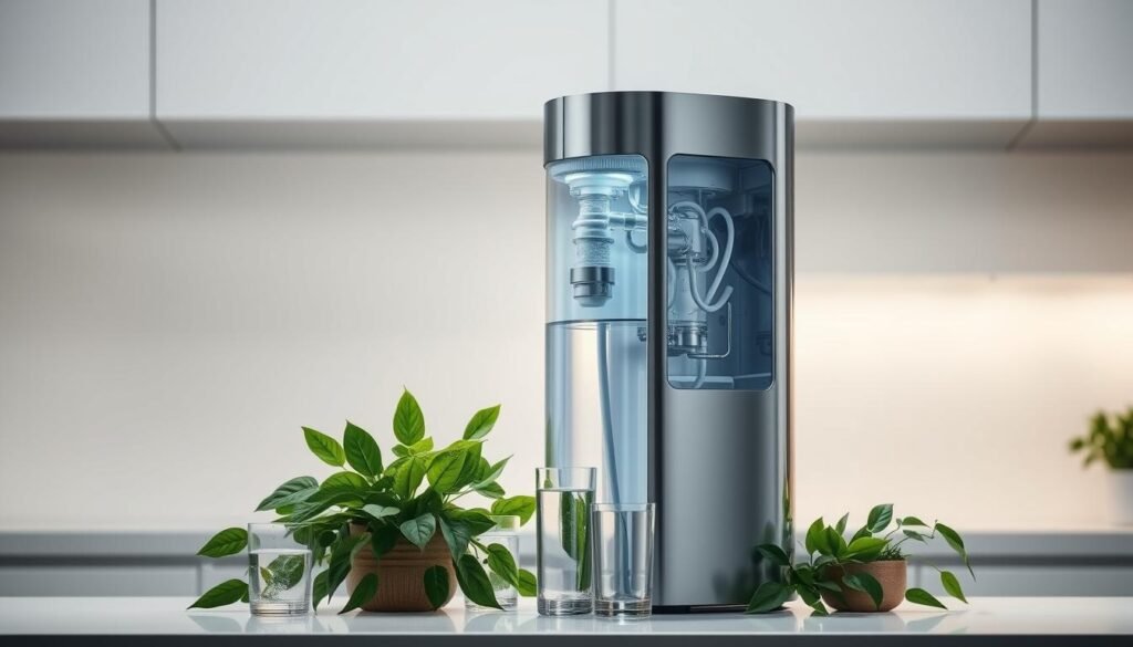 A sleek and modern water purifier stands on a minimalist kitchen counter, its sleek chrome exterior gleaming under soft, diffused lighting. The device's intricate inner workings are visible through a transparent panel, revealing the advanced filtration technology at its core. The purifier is surrounded by a simple yet elegant arrangement of fresh drinking glasses and lush, verdant plants, suggesting the clean, rejuvenating properties of the filtered water it produces. The overall scene conveys a sense of purity, efficiency, and environmental consciousness, perfectly aligned with the importance of high-performance water purifiers in addressing Taiwan's water quality challenges.