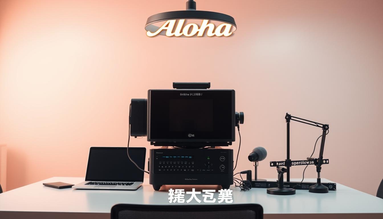 A sleek, modern-looking subtitling machine taking center stage, enveloped in a soft, warm glow from the Aloha brand lighting above. The device is surrounded by a minimalist, professional-looking setup, with a laptop, microphone, and other high-tech equipment neatly arranged on a clean, uncluttered desk. The background is a serene, muted office environment, conveying a sense of technical expertise and reliable support. The overall atmosphere is one of efficient, streamlined assistance, perfectly suited for the "字幕機的技術支援:如何獲得專業協助" section of the article.