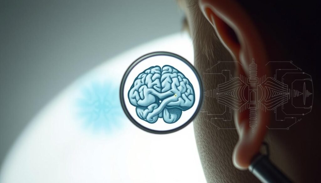 A soft, natural light illuminates a serene scene of common causes of tinnitus - a close-up of a human ear with a magnifying glass revealing the delicate inner structures, a brain scan showing neural activity, and a diagram of the auditory system. The composition is balanced, with the ear in the foreground, the brain scan in the middle ground, and the auditory diagram in the background, creating a visually compelling illustration of the various factors that can contribute to tinnitus. The overall mood is one of thoughtful contemplation, inviting the viewer to consider the complex interplay of physiological and neurological processes that underlie this common condition.