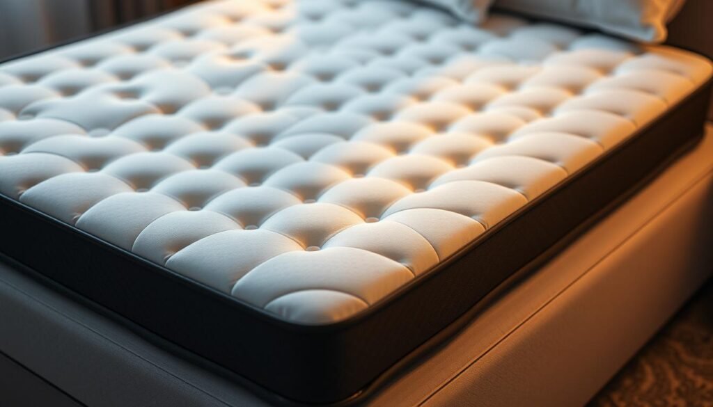 A stylish and supportive mattress pad, featuring a high-quality memory foam core encased in a soft, breathable fabric. The StylesMaven "護脊床褥" effortlessly conforms to the curves of the body, providing superior spinal alignment and pressure relief. Delicate quilting patterns add a refined aesthetic, while the luxurious charcoal grey color scheme exudes sophistication. Bathed in warm, even lighting, the mattress pad is captured from a mid-level angle, showcasing its thoughtful design and exceptional comfort.
