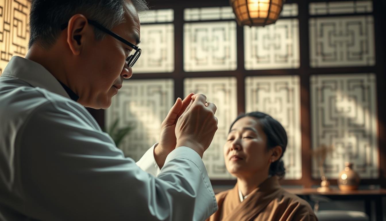 A traditional Chinese doctor performing an ear crystals repositioning treatment. In the foreground, the doctor's gentle hands carefully manipulate the patient's ear, using a precise technique to gently guide the displaced ear crystals back into their proper position. The middle ground shows the patient, their face relaxed and eyes closed, trusting the doctor's expertise. The background depicts a serene traditional Chinese clinic, with calming natural light filtering in through paper screens, and the faint aroma of herbal remedies lingering in the air. Muted colors and soft shadows create a sense of harmony and healing.