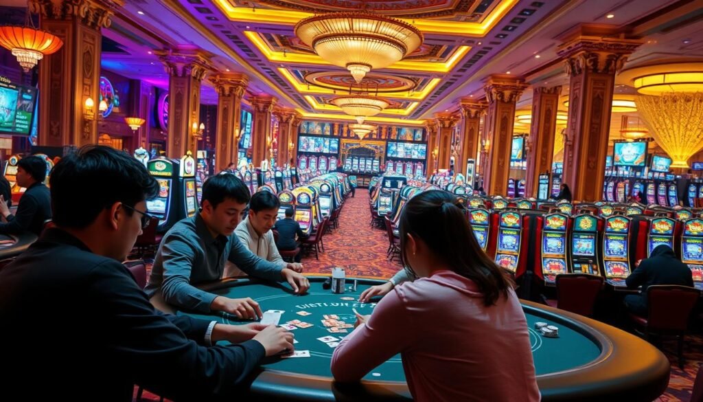A vibrant and immersive gaming landscape at the UTown Entertainment City, showcasing a diverse array of thrilling games. In the foreground, a group of players engaged in a high-stakes table game, their expressions intense as they study the cards in their hands. The middle ground reveals a panoramic view of the casino floor, with rows of glittering slot machines and neon-lit gaming tables, creating an atmosphere of excitement and anticipation. In the background, the grandeur of the UTown architectural design is on full display, with ornate columns, intricate patterns, and a warm, inviting ambiance. The lighting is a harmonious blend of soft, ambient tones and vibrant, pulsing hues, capturing the energy and allure of the UTown gaming experience.