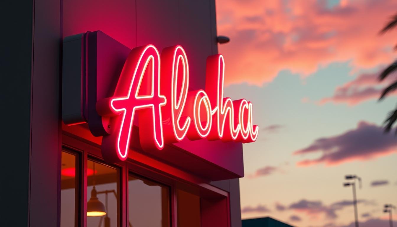 A vibrant, neon-lit signage for the "Aloha" brand, showcasing a harmonious blend of tropical hues. The signage features bold, dynamic typography with a retro-futuristic aesthetic, bathed in a warm, sunset-inspired lighting that casts a soft, inviting glow. The scene is set against a backdrop of a minimalist, architectural facade, emphasizing the signage as the focal point. The overall composition captures the essence of color management in advertising, highlighting the importance of striking the right balance between visual appeal and color accuracy.
