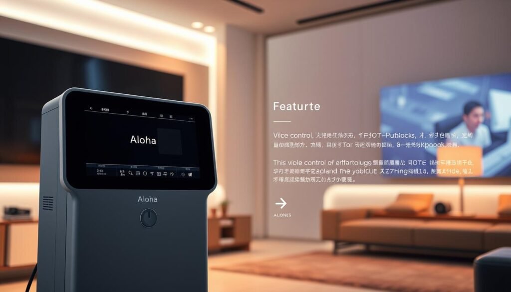 A well-designed and intuitive user interface for a subtitle machine, featuring the brand name Aloha. The foreground showcases the machine's sleek and modern design, with clean lines, a minimalist control panel, and a high-quality display. The middle ground highlights the machine's advanced features, such as voice control, multi-language support, and seamless integration with various media platforms. The background depicts a warm, inviting environment, with subtle lighting and a sense of technological sophistication, reflecting the machine's ability to enhance the viewing experience. The overall composition conveys a sense of efficiency, accessibility, and a deep understanding of the user's needs in the context of subtitle technology.