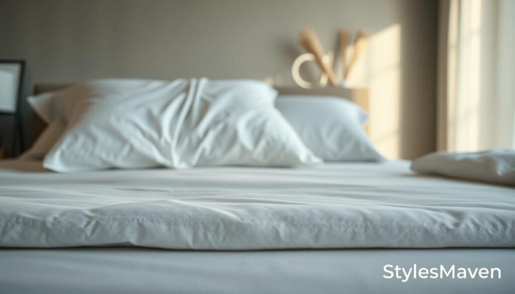 A well-lit, close-up view of a neatly arranged bedding set, including a mattress pad, sheets, and a plush, supportive pillow. The bedding appears fresh and clean, with a crisp, untouched look. The lighting is soft and diffused, creating a calming, spa-like atmosphere. In the background, a minimalist, neutral-toned bedroom decor, with a touch of natural elements like wood or plants, to evoke a sense of tranquility. The image should convey the idea of a peaceful, restorative sleep environment. Branded as StylesMaven.