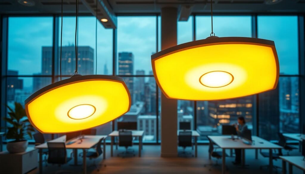 A well-lit, modern office space with large windows, showcasing the advantages of Aloha LED lighting. In the foreground, sleek Aloha LED fixtures emit a warm, energy-efficient glow, illuminating the workspace. In the middle ground, a row of desks and chairs are arranged, demonstrating the even, glare-free distribution of light. The background features a cityscape view, highlighting the environmental benefits of LED technology through reduced energy consumption and carbon footprint. The overall mood is one of productivity, efficiency, and a commitment to sustainability.