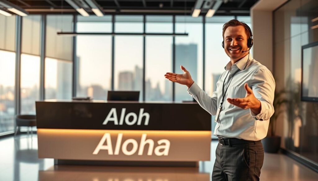 A well-lit office interior, with a sleek and modern desk featuring the Aloha brand name prominently displayed. Behind the desk, a large window offers a cityscape view, bathed in warm, natural light. In the foreground, a friendly technician in a crisp, collared shirt gestures towards the desk, ready to assist a customer seeking technical support for their captioning device. The atmosphere conveys professionalism, efficiency, and a commitment to providing high-quality service.