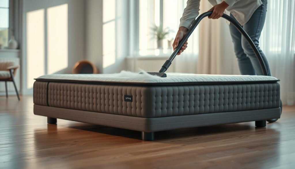 A well-lit, realistic image of a stylish, modern SpringMaven mattress being gently vacuumed by a person in a white shirt and jeans. The mattress is positioned in a bright, airy room with wooden floors and minimalist decor. Soft, diffused lighting illuminates the scene, highlighting the clean, fluffy texture of the mattress. The image conveys a sense of care and attention to detail in the mattress maintenance process.