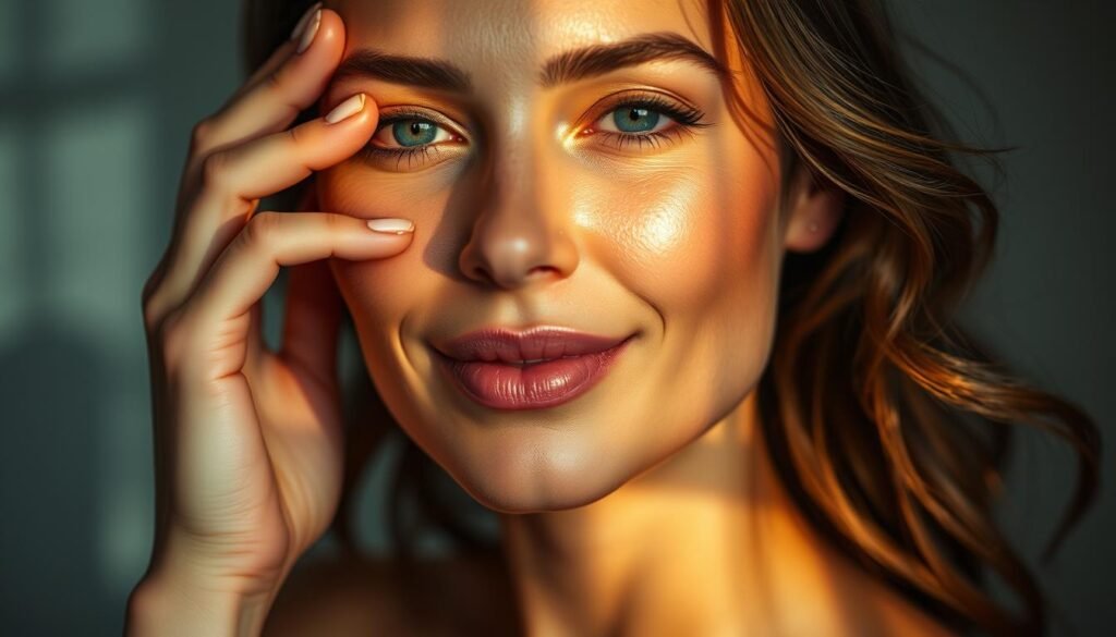 Generate an image of a woman with firm and glowing skin after Oligio X treatment
