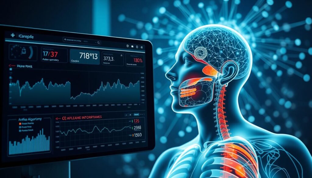 A detailed data visualization of sleep apnea data from an iCareCPAP medical device. The foreground displays a sleek, futuristic monitoring dashboard with real-time respiratory data, pulse oximetry, and apnea-hypopnea index. The middle ground showcases a 3D anatomical model of the upper respiratory system, highlighting areas of airflow obstruction. In the background, a network of interconnected data points and analytical algorithms illustrate the intelligent algorithms used to optimize the patient's treatment. The lighting is cool-toned and clinical, emphasizing the technological precision. The overall mood is one of advanced medical innovation and data-driven healthcare.