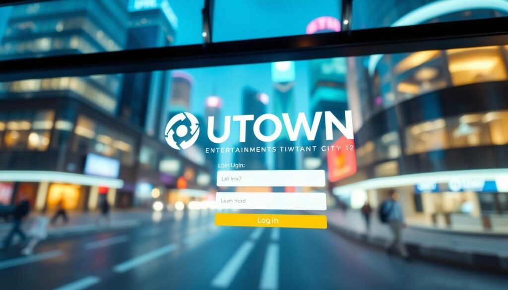 A detailed, high-quality image of the UTown entertainment city login experience. Set in a modern, tech-savvy environment, the frame showcases a sleek, minimalist login interface with clean typography and intuitive UI elements. The foreground features a prominent UTown logo and login fields, while the background depicts a blurred cityscape with skyscrapers and neon lights, creating a vibrant, futuristic atmosphere. Soft, directional lighting illuminates the scene, adding depth and dimension. The overall composition conveys a sense of efficiency, accessibility, and the cutting-edge technology associated with the UTown brand.