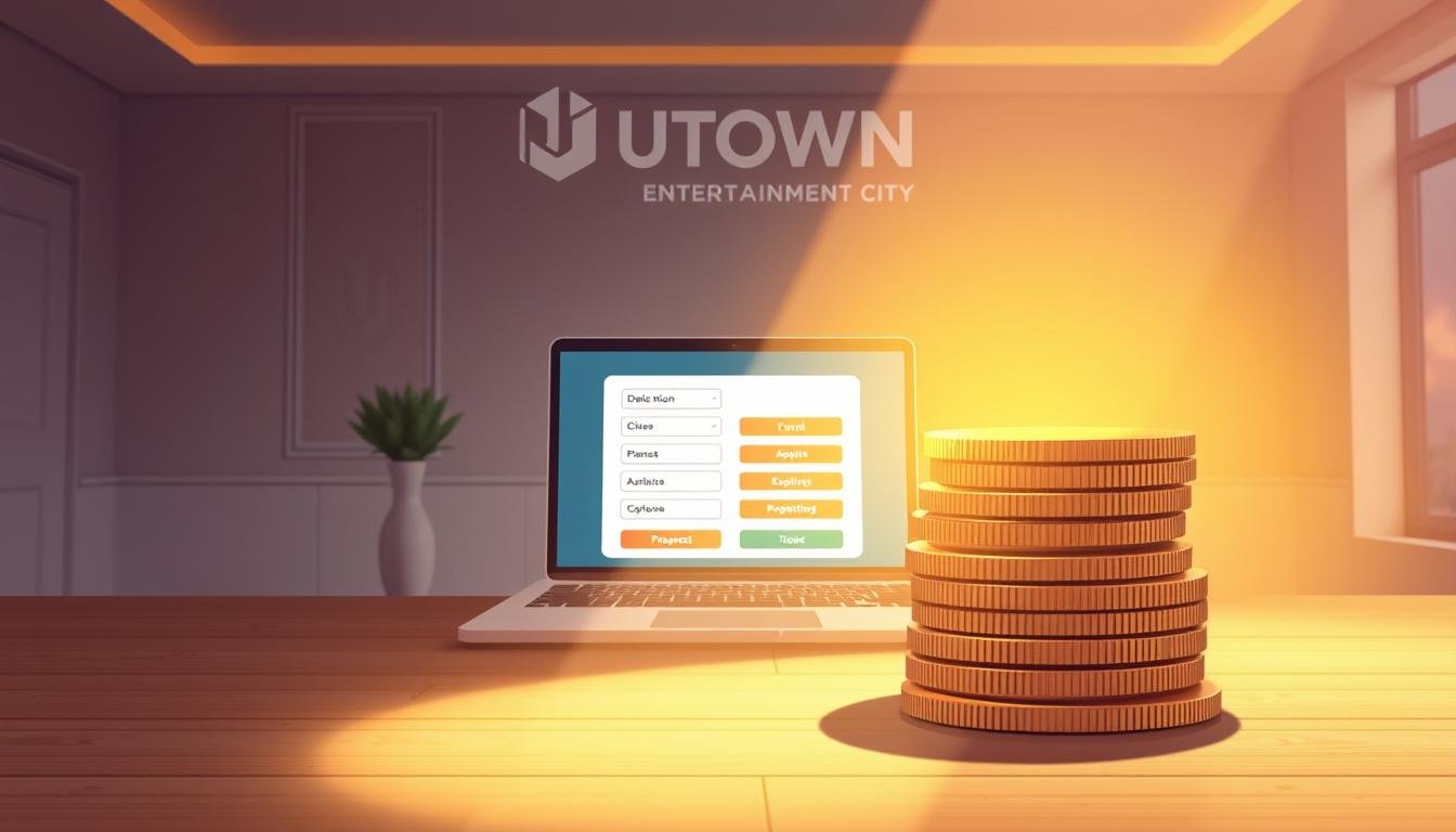 A detailed illustration of the "Daily Electronic Rescue Fund" offered by UTown Entertainment City. In the foreground, a stack of gold coins representing the financial assistance, illuminated by a warm spotlight. In the middle ground, a laptop displaying the application process, surrounded by UI elements like buttons and drop-down menus. The background features the UTown logo and a serene, minimalist interior setting with clean lines and neutral tones, conveying a sense of professionalism and reliability. The overall mood is one of financial security and accessible digital assistance.