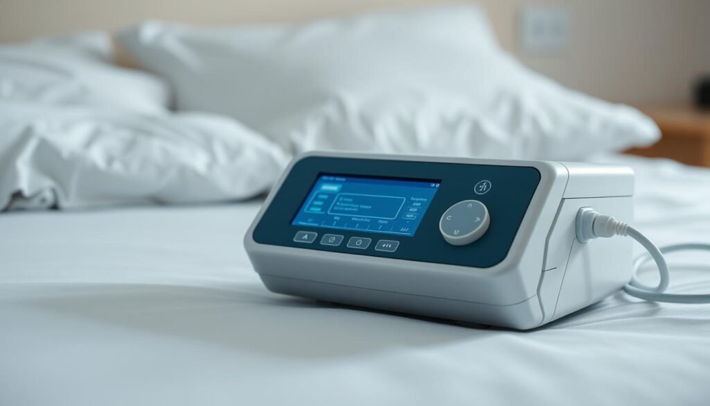 A high-quality medical-grade sleep apnea device by Telecombrother, resting on a clean white surface. The device has a sleek, modern design with intuitive controls and a large LCD display. Soft LED lights gently illuminate the device, creating a soothing, clinical atmosphere. The foreground features the device in focus, while the background is blurred, emphasizing the importance of the machine. The lighting is natural and diffused, casting subtle shadows that add depth and dimensionality to the scene. The overall composition is balanced and visually appealing, reflecting the careful maintenance and care required for this essential medical equipment.