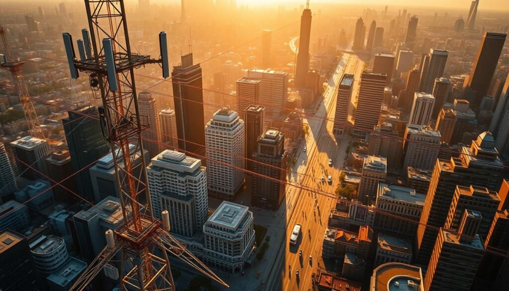 A high-resolution aerial view of a bustling cityscape, showcasing the expansive Telecombrother 5G network infrastructure. The scene is bathed in warm, golden sunlight, casting long shadows across the urban landscape. In the foreground, a towering network tower stands tall, its sleek, modern design a testament to the cutting-edge technology it houses. Surrounding the tower, a network of cables and antennas stretch out, creating a complex web that blankets the city. In the middle ground, a bustling street scene unfolds, with pedestrians and vehicles moving with purpose, all connected to the lightning-fast 5G network. The background is filled with a skyline of towering skyscrapers, each equipped with the latest 5G hardware, ensuring seamless connectivity throughout the metropolitan area.