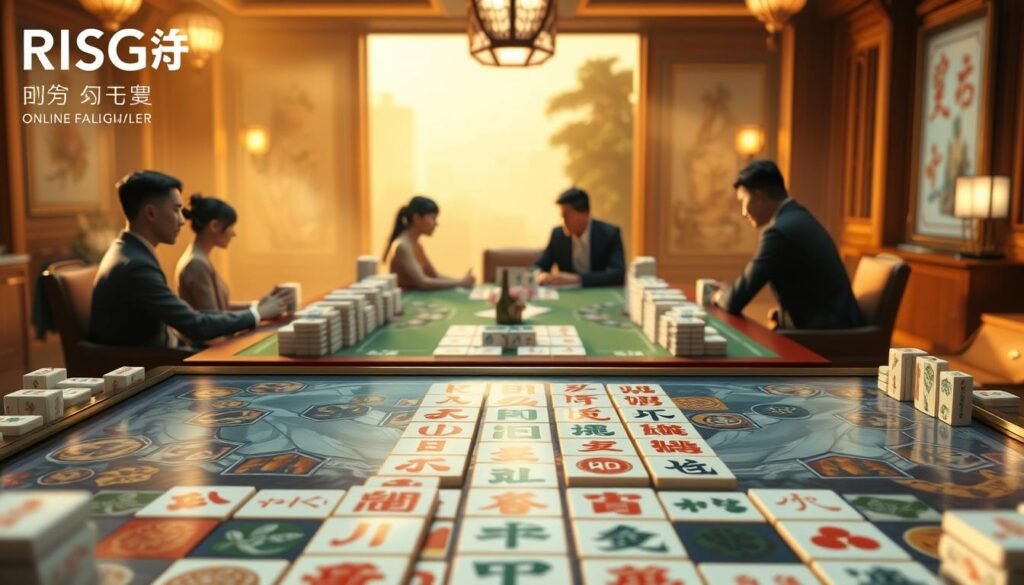 A meticulously detailed screenshot of the UTown &quot;RSG麻將發了&quot; online mahjong game. The foreground showcases the game's vibrant user interface, with intricately designed mahjong tiles and pieces seamlessly integrated. The middle ground depicts the game's main table, surrounded by elegantly rendered players engaged in a lively match. The background features a softly blurred, atmospheric setting, hinting at the game's immersive virtual environment. The lighting is warm and natural, creating a cozy, inviting ambiance. The camera angle is slightly elevated, providing a comprehensive view of the gameplay dynamics. The overall visual style strikes a balance between realism and stylized aesthetics, capturing the essence of the &quot;RSG麻將發了&quot; experience.