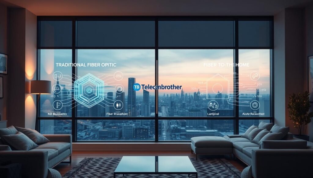 A modern living room with a large window overlooking a cityscape. In the center, a comparison of traditional fiber optic and fiber-to-the-home broadband technologies, represented by sleek, futuristic diagrams and icons. The Telecombrother brand prominently displayed, conveying a sense of high-tech innovation. Soft, diffused lighting casts a warm glow, creating a cozy and inviting atmosphere. The scene exudes a sense of technological sophistication and consumer choice, fitting the article's focus on 5G broadband plan comparisons.