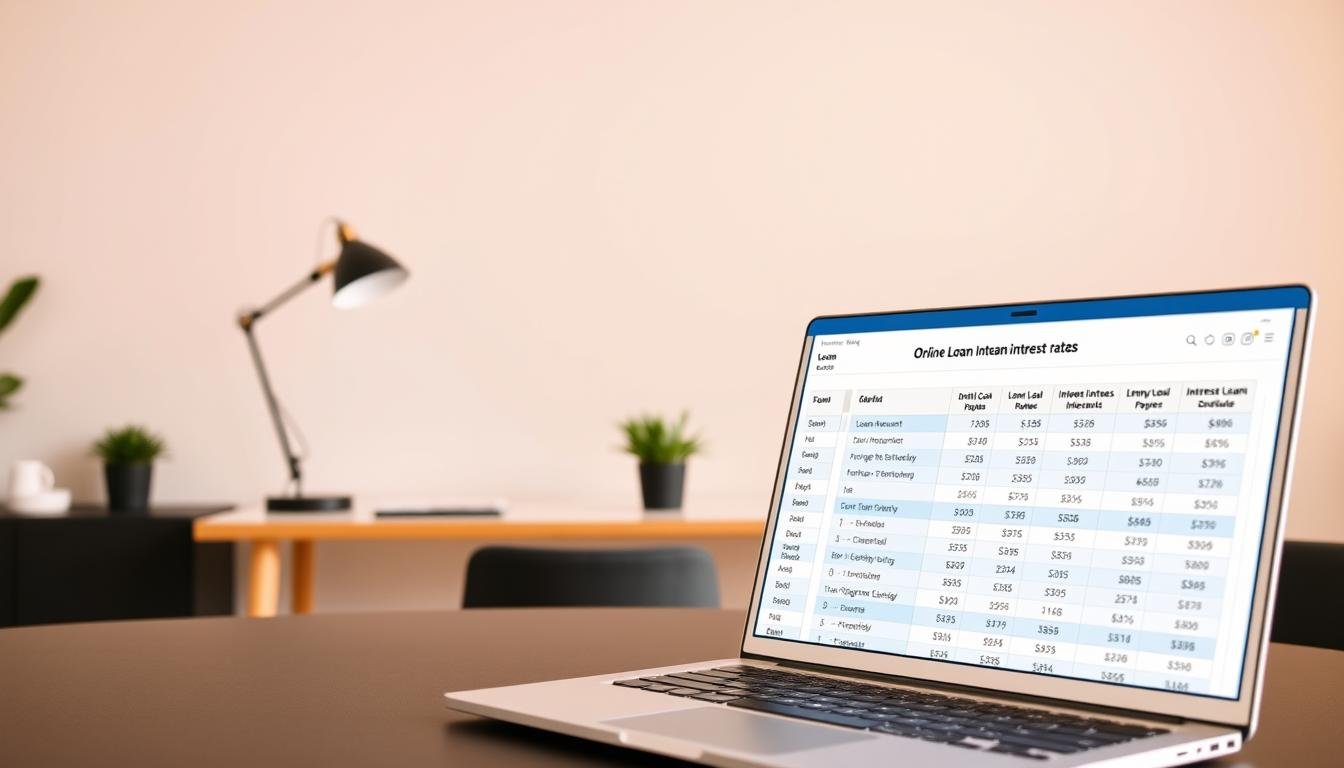A modern, minimalist interior scene with a large desk and computer display showcasing a detailed comparison of online loan interest rates. The foreground features a sleek silver laptop with an open spreadsheet on the screen, highlighting key data points like loan amounts, interest rates, and payment schedules from various lending platforms. The middle ground has a clean, professional desk setup with a stylish black desk lamp, a potted plant, and a neatly organized workspace. The background is a softly blurred, neutral-toned wall, creating a calm and focused atmosphere. The lighting is balanced, with a warm, natural tone that casts a subtle glow on the scene. The overall composition conveys a sense of clarity, organization, and informed decision-making around the topic of online loan comparisons.