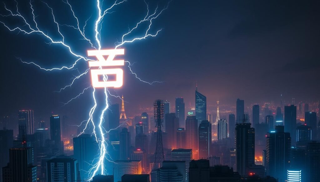 A neon-lit urban skyline, with the silhouette of the UTown logo prominently displayed. In the foreground, a series of dynamic lightning bolts crackle across the sky, casting an electric glow over the cityscape. The bolts converge to form the distinct shape of "雷神訊號", the symbol pulsing with energy. In the middle ground, a network of futuristic communication towers and satellite dishes receive and transmit the celestial signals. The background is a hazy, moody atmosphere, the city lights reflecting off low-hanging clouds. Cinematic camera angles, deep shadows, and a color palette of blues, purples, and oranges create a sense of technological wonder and mystique.