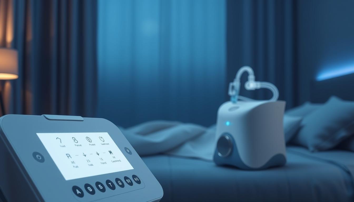 A sleek, advanced iCareCPAP remote control system for sleep apnea treatment. In the foreground, a futuristic touchscreen interface with intuitive controls for adjusting air pressure, monitoring patient vitals, and syncing with mobile devices. The middle ground features a minimalist, curved CPAP machine in a soft white hue, blending seamlessly into the background of a serene, dimly lit bedroom. Subtle ambient lighting creates a calming atmosphere, while sophisticated sensors and IoT connectivity enable remote management and personalized therapy. The overall design conveys a sense of modern, user-centric healthcare technology that prioritizes patient comfort and effortless, intelligent respiratory support.