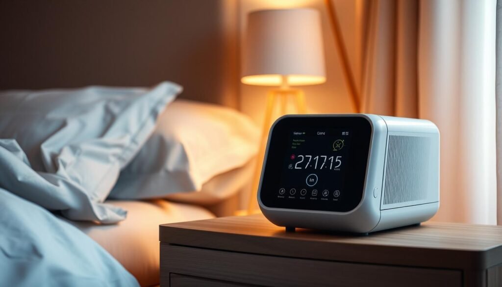 A sleek and modern Telecombrother sleep apnea machine, featuring a streamlined design with soft, muted tones. The device is placed on a wooden nightstand, bathed in warm, diffused lighting that creates a calming, ambient atmosphere. The machine's control panel is visible, showcasing its intuitive interface and various settings. In the background, a serene bedroom scene with minimal decor and soft textiles complements the device's elegant presence, highlighting its integration into the personal space. The image conveys a sense of comfort, health, and technology seamlessly blending together.