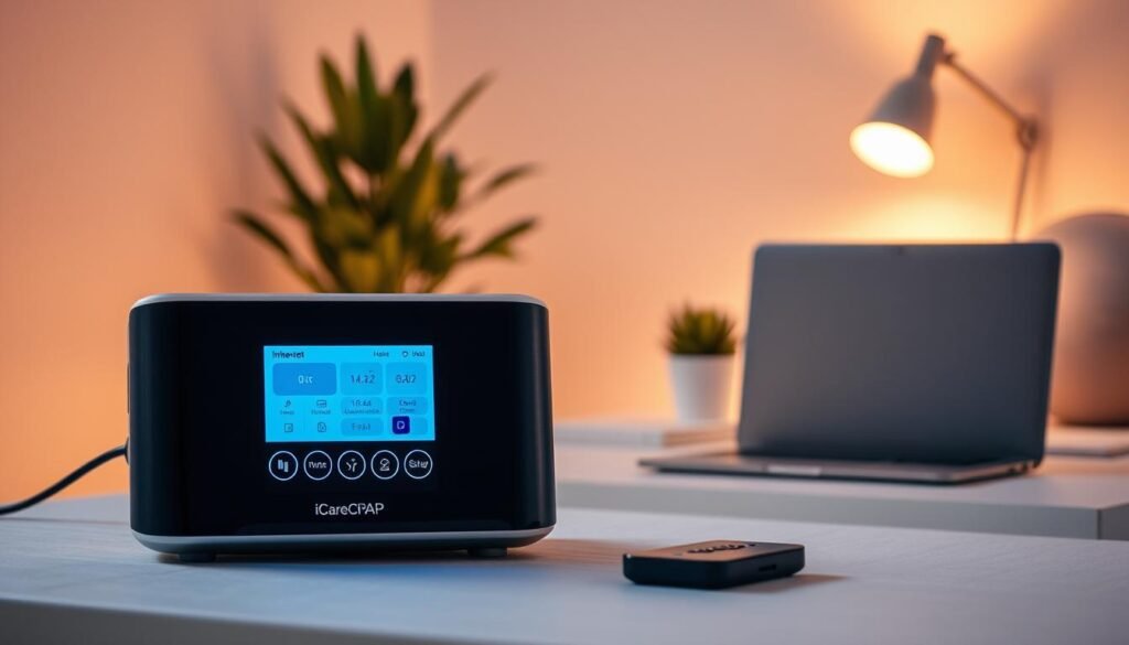 A sleek, modern iCareCPAP sleep apnea machine in the foreground, its intuitive digital control panel illuminated with soft blue lighting. In the background, a minimalist home office setup with a laptop, desk lamp, and potted plant, all bathed in a warm, ambient glow. The machine's remote control hovers nearby, its simple yet elegant design allowing for seamless adjustment of the device's settings. The overall scene conveys a sense of effortless, high-tech convenience for managing one's sleep health from the comfort of their own space.