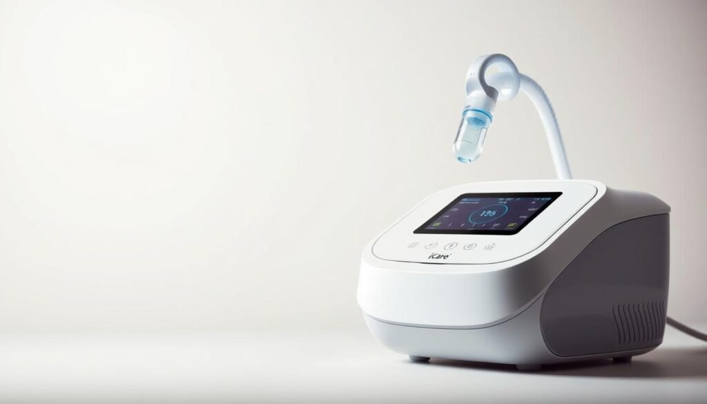 A sleek, sophisticated iCareCPAP smart sleep apnea machine, featuring a minimalist, streamlined design with smooth, curved edges. The device is depicted in a clean, well-lit studio setting, showcasing its advanced technological capabilities. The machine's display panel is illuminated, indicating its intelligent monitoring and adjustment functions. The background is a neutral, muted tone, allowing the device to take center stage. The overall impression is one of modern, cutting-edge medical technology seamlessly integrated into a comfortable, user-friendly home environment.