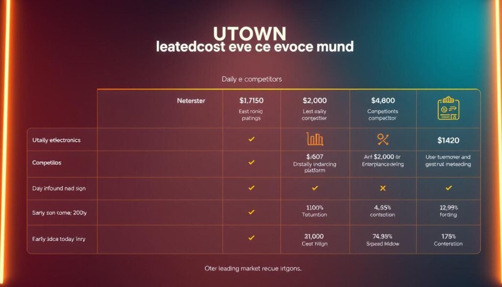 A vibrant and informative infographic comparing the daily electronic rescue fund offerings of UTown entertainment platform and other leading market competitors. Sleek, modern layout with clean typography and carefully curated icons and data visualizations. Warm lighting casts a soft glow, drawing the viewer's eye to the key comparative details. Balanced composition with generous negative space, creating a sense of clarity and professionalism. The overall aesthetic is polished and authoritative, perfectly suited to illustrate the section on UTown's "daily electronic rescue fund" and its position within the broader industry.