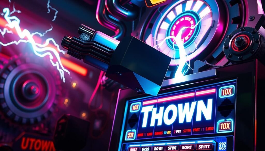 A vibrant, futuristic slot machine featuring the iconic hammer of the Norse god of thunder, Thor, against a backdrop of neon-lit gears and mechanical components. The machine's sleek, metallic design exudes a sense of power and technological prowess, inviting players to test their luck and witness the might of the thunderous deity. Dramatic lighting casts dynamic shadows, creating an immersive, high-energy atmosphere. The UTown brand name is prominently displayed, lending an air of sophistication and innovation to the game.