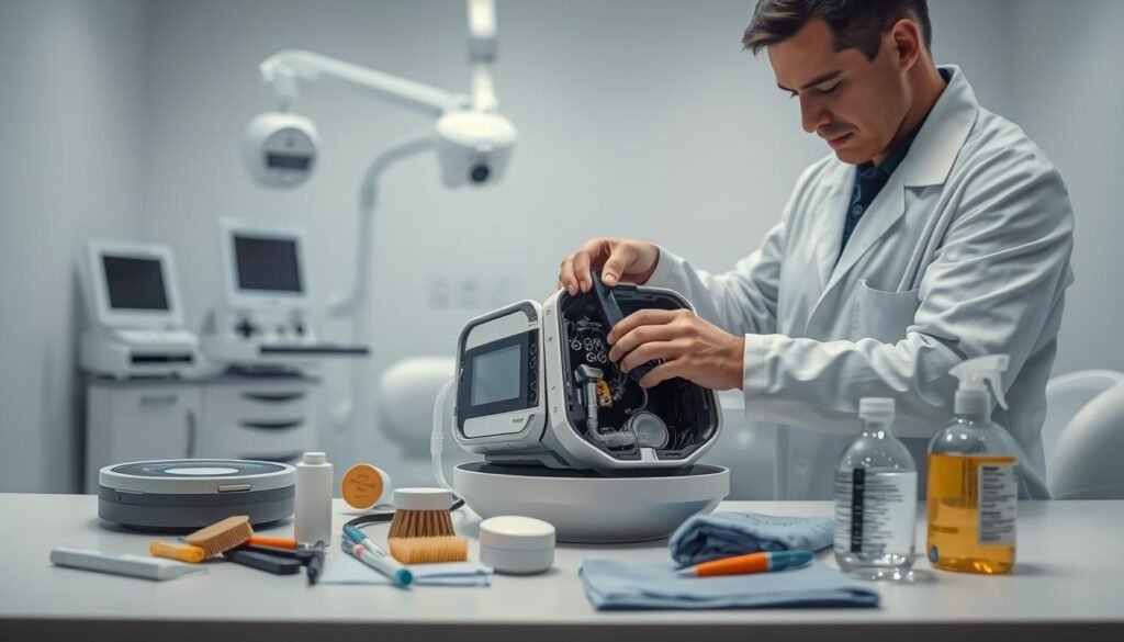 A well-lit, high-resolution image showcasing the process of cleaning a Telecombrother sleep apnea machine. In the foreground, a person in a white lab coat carefully disassembling the device, exposing its intricate components. The middle ground features a selection of cleaning tools, such as brushes, cloths, and disinfectant solutions, arranged neatly. The background depicts a modern, minimalist medical setting, with clean white walls and sleek medical equipment, conveying a sense of professionalism and attention to detail. The lighting is soft and even, highlighting the machine's form and the person's focused movements. The overall mood is one of precision, care, and the importance of maintaining medical equipment for optimal health and patient comfort.