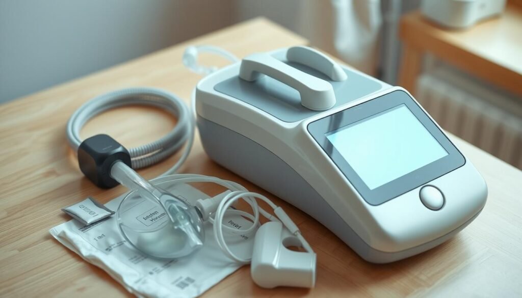 A well-maintained Telecombrother sleep apnea machine resting on a clean, wooden surface. The device features a sleek, modern design with a soft, blue-hued display panel. The machine is surrounded by various accessories, including a tube, mask, and cleaning supplies, all neatly arranged to convey a sense of order and attention to detail. The scene is illuminated by natural, diffused lighting, creating a calming, clinical atmosphere. The image showcases the importance of proper maintenance and care for this essential medical equipment.