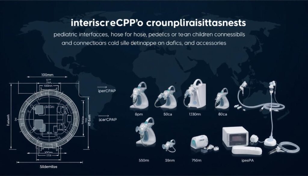 A detailed technical illustration of the international pediatric compatibility specifications for iCareCPAP and other respiratory medical devices. The foreground features a technical diagram showing various measurements and dimensional guidelines for pediatric interfaces, hoses, and connections. The middle ground depicts an array of different iCareCPAP models and accessories in various sizes to accommodate infants and children. The background showcases a global map, highlighting the international nature of these standards. The image has a technical, clinical tone with muted colors, clean lines, and precise engineering-inspired elements to convey the subject matter.