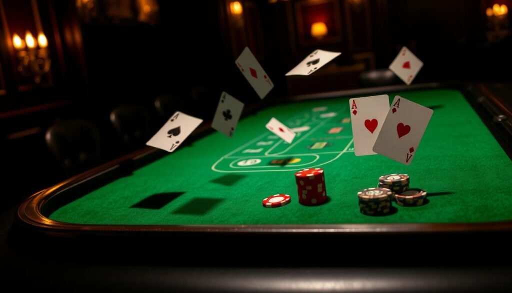 A dimly lit casino table, the green felt surface a canvas for the iconic baccarat game. Stylized illustrations of playing cards, dice, and casino chips float against a backdrop of luxurious wood paneling and subtle lighting. The scene exudes an air of sophistication and mystery, hinting at the nuanced strategies and potential pitfalls of the baccarat rules. The focus is on the game's core elements, without distracting text or graphics, allowing the viewer to immerse themselves in the essence of this classic casino pastime.