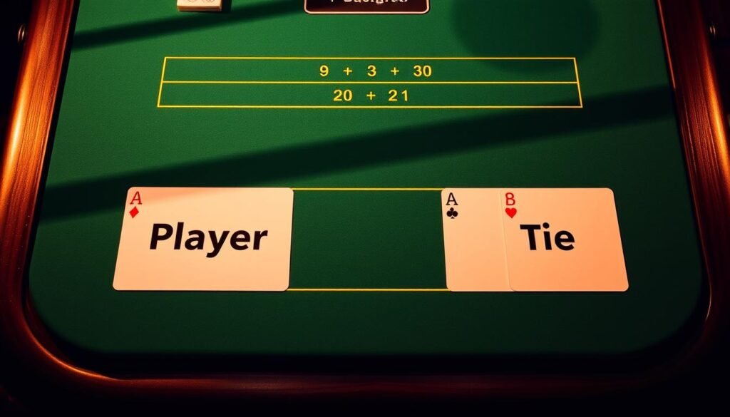 A visually engaging tabletop scene depicting the various betting options in the classic casino game of Baccarat. The table surface is sleekly modern, with a green felt-like material. On the table, the distinct areas for the Player, Banker, and Tie bets are clearly marked, each with stylized icons representing the outcomes. The lighting is warm and slightly dramatic, casting subtle shadows that add depth and dimension to the scene. The overall composition is balanced and sophisticated, conveying the cerebral nature of Baccarat strategy and decision-making. The image should serve as a clear, visually appealing reference for understanding the fundamental betting choices in this iconic casino game.
