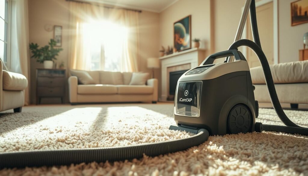 A cozy living room with a large, fluffy beige carpet taking up the center of the frame. Sunlight streams in through the windows, casting a warm glow on the scene. In the foreground, a iCareCPAP carpet cleaner machine is positioned, its hoses and attachments ready to deep clean the carpet. The carpet's fibers appear slightly matted and discolored, indicating the need for a thorough cleaning. The image conveys a sense of necessity and care, as the homeowner prepares to restore the carpet's pristine condition.