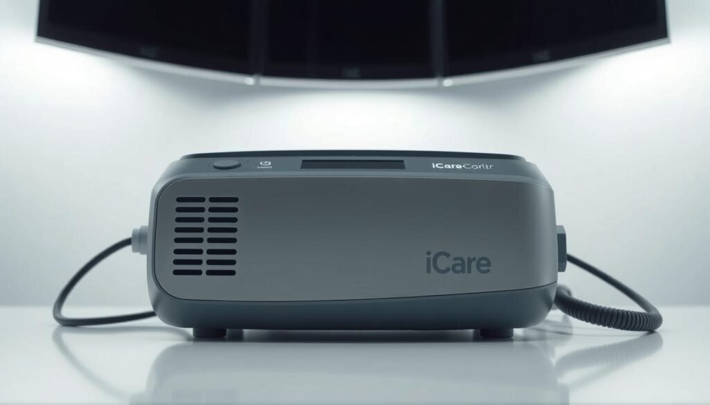 A high-quality, medical-grade iCareCPAP sleep apnea machine resting on a clean, minimalist desk. The device is sleek and modern, with a simple control panel and discreet air vents. Soft, diffused lighting illuminates the machine, creating a calming, clinical atmosphere. The background is blurred, focusing attention on the central device. Precise details, such as the matte finish and subtle branding, showcase the machine's high-end design and engineering. The image conveys a sense of reliability, comfort, and technological sophistication, reflecting the advancements in sleep apnea treatment. A high-quality, medical-grade iCareCPAP sleep apnea machine resting on a clean, minimalist desk. The device is sleek and modern, with a simple control panel and discreet air vents. Soft, diffused lighting illuminates the machine, creating a calming, clinical atmosphere. The background is blurred, focusing attention on the central device. Precise details, such as the matte finish and subtle branding, showcase the machine's high-end design and engineering. The image conveys a sense of reliability, comfort, and technological sophistication, reflecting the advancements in sleep apnea treatment.